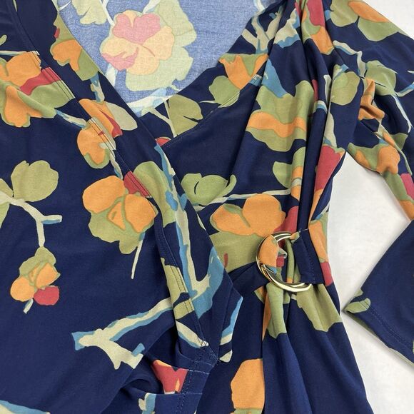Ralph Lauren Navy Faux Wrap Blouse XL Floral Boho Surplice Jersey Stretch Top - Picture 3 of 11